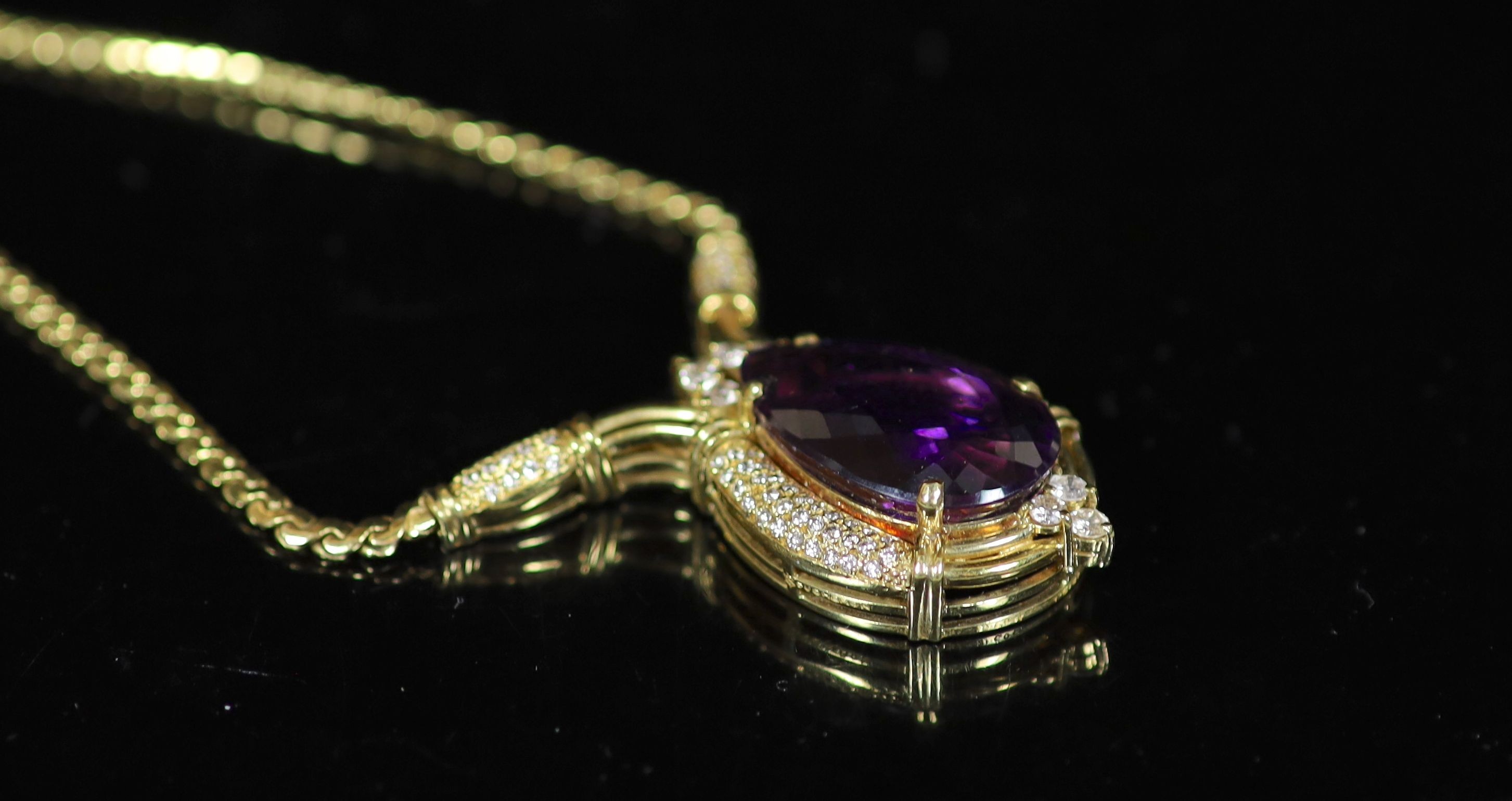 A French Boucheron gold, pear shaped amethyst and diamond cluster set pendant necklace